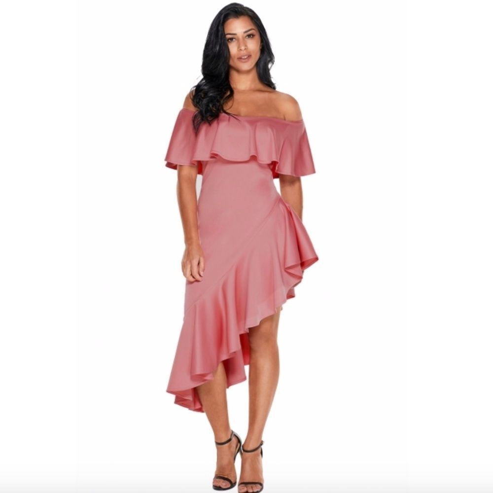 2/$100 NWT Off The Shoulder Asymmetrical Ruffle Pink Cocktail Dress